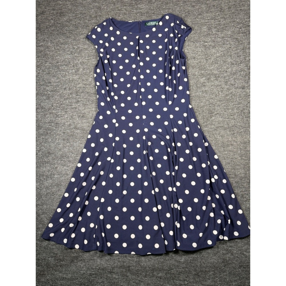Lauren Ralph Lauren Navy White Polka Dot Cap Sleeve Fit Flare Dress Size 10